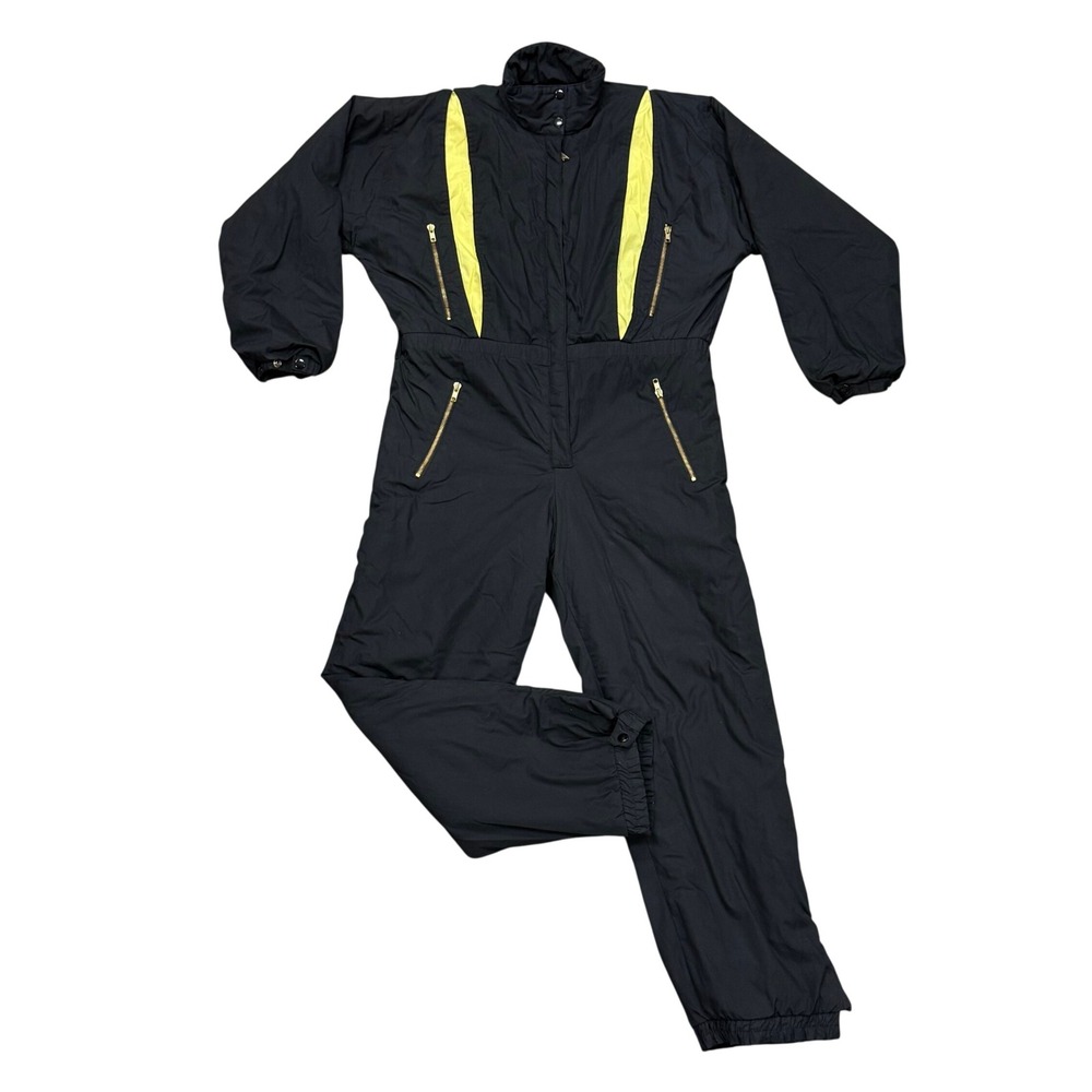 Vintage 1987 Ski Lion Women Black Neon Yellow One Piece Ski Snow Suit Large